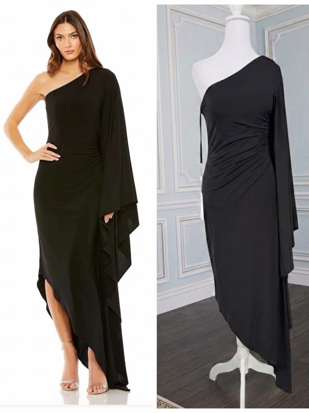NWT Mac Duggal 20673 Black One Shoulder Cape Sleeve Jersey Gown‎ Size XS